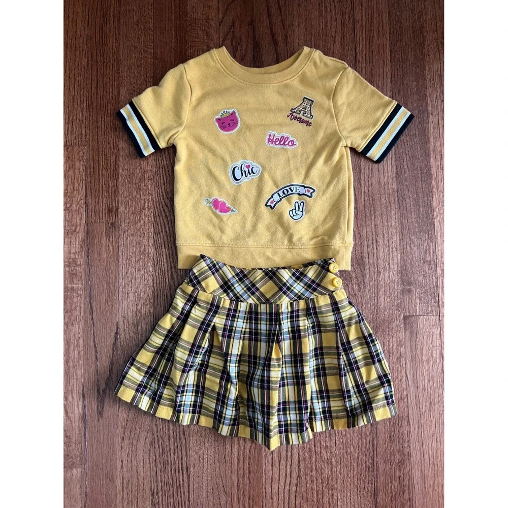 Garanimals Skort Set Toddler 3T Yellow Plaid Pleated Sweatshirt 2pc Outfit